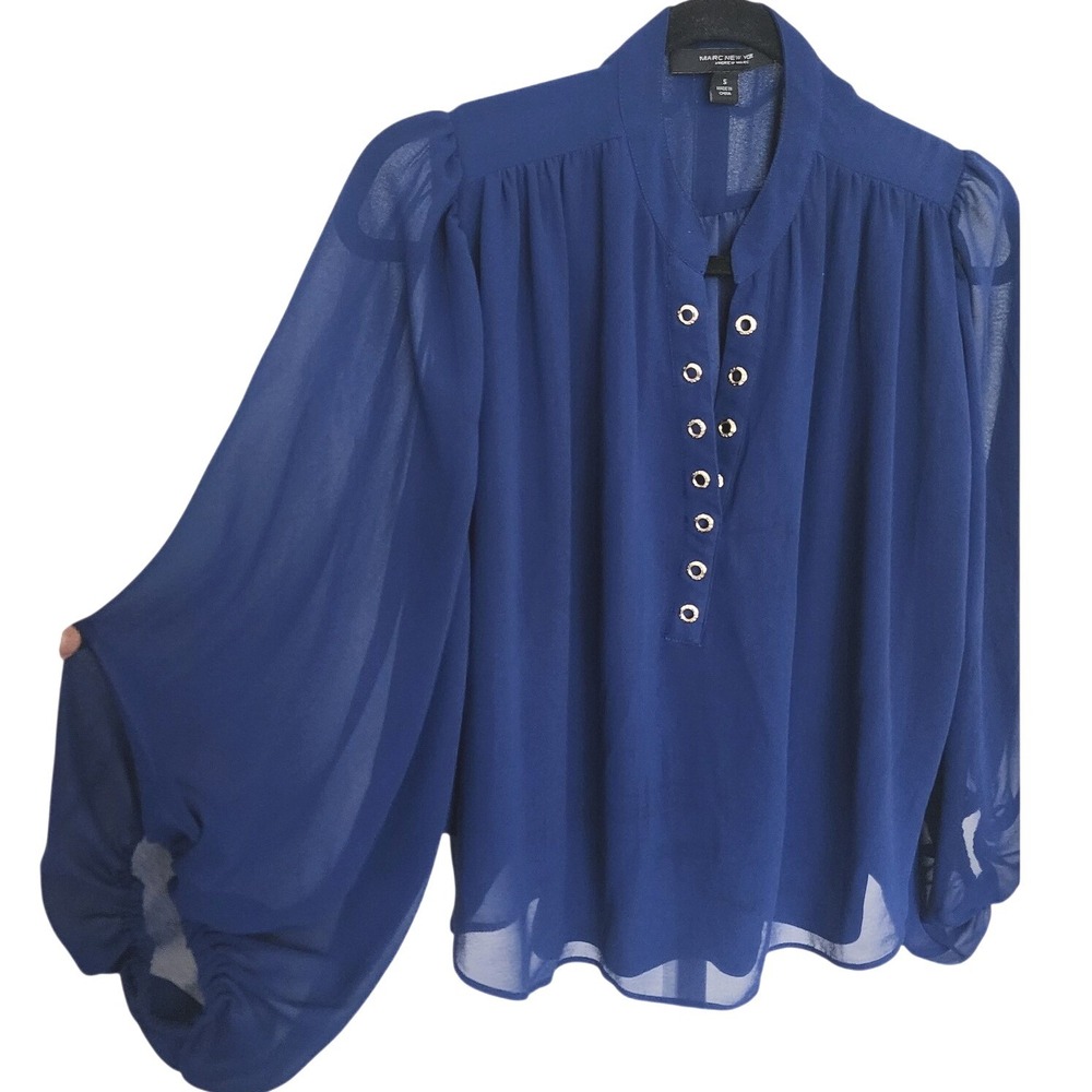 Marc New York Andrew Marc Blue Sheer Balloon Sleeve Blouse Gold Grommet‎ Top S